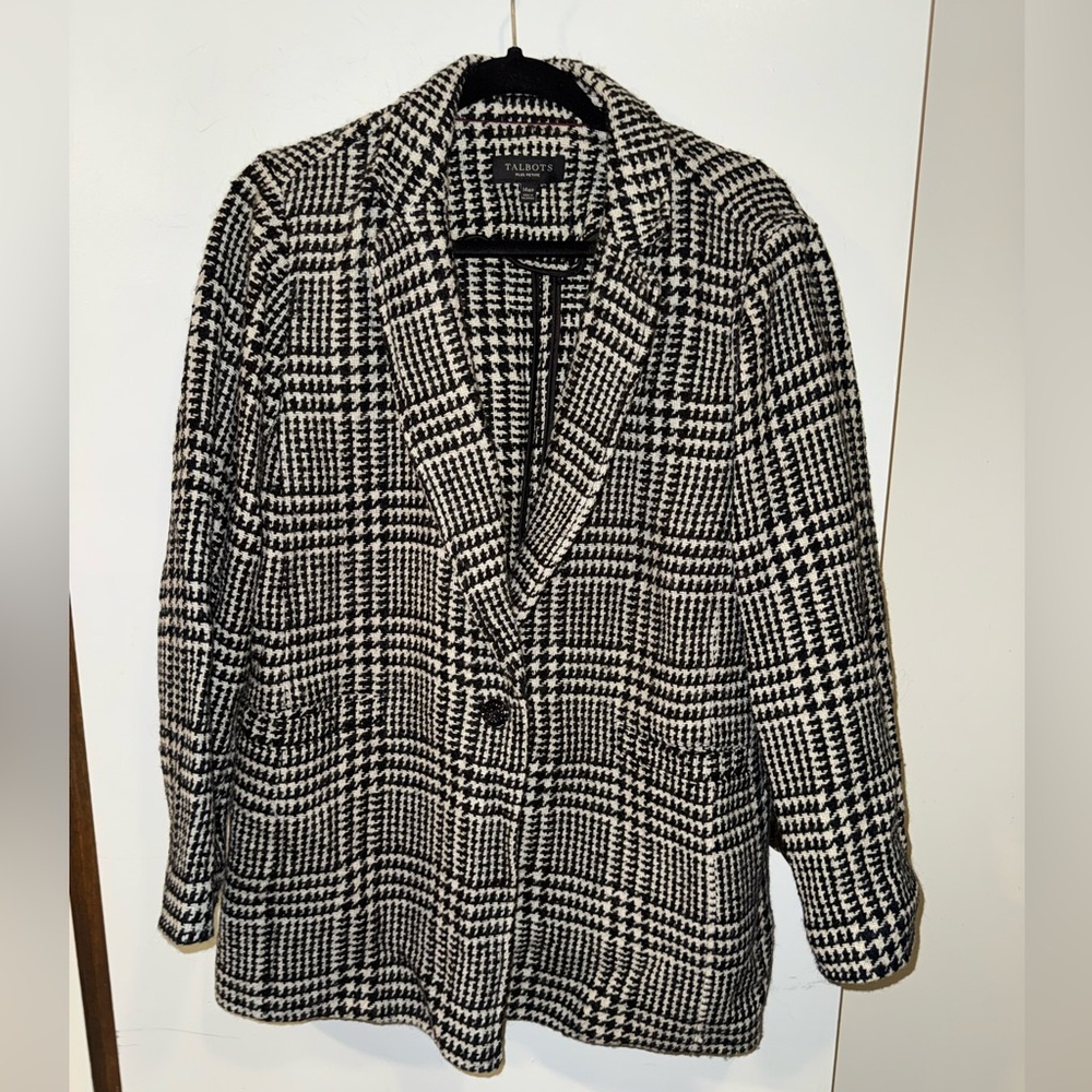 Talbots Women’s  Black and White Houndstooth Wool-Blend Blazer Coat Size 14WP